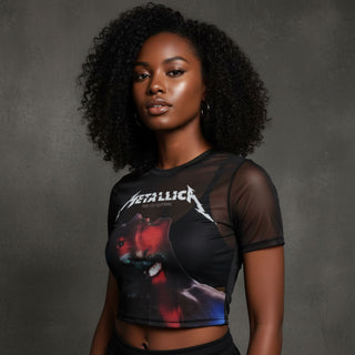 Metallica Ladies Mesh Crop Top: Moth Into Flame (Black)