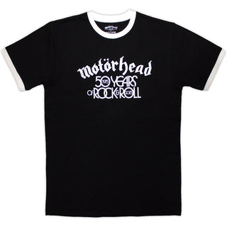 Motorhead Ringer T-Shirt: 50 Years Text Lock Up Ringer (Black)