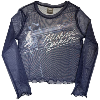 Michael Jackson Ladies Long Sleeve Mesh Crop Top: Blurred (Blue)