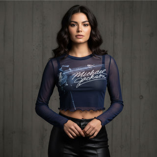 Michael Jackson Ladies Long Sleeve Mesh Crop Top: Blurred (Blue)