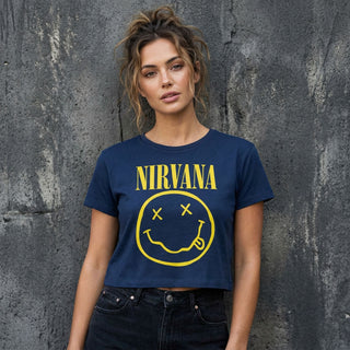 Nirvana Ladies Crop Top: Yellow Happy Face Flower Sniffin