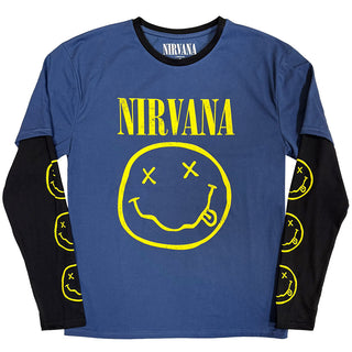 Nirvana Layered Long Sleeve T-Shirt: Yellow Happy Face (Denim Blue & Black) (Sleeve Print)