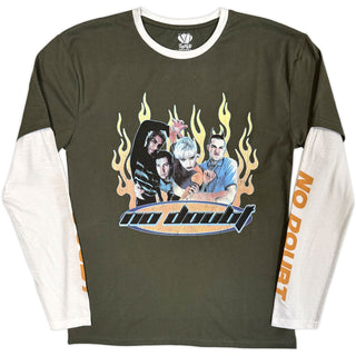 No Doubt Layered Long Sleeve T-Shirt: Flames (Green & White) (Sleeve Print)