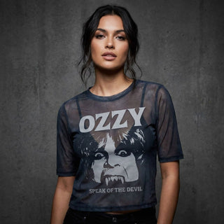 Ozzy Osbourne Ladies Mesh Crop Top: Speak Of The Devil (Navy Blue)