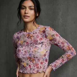 Prince Ladies Long Sleeve Mesh Crop Top: Purple Rain Logo Floral (Pink)