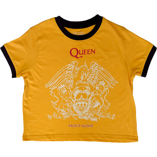 Queen Ladies Crop Top: Face It Alone Crest (Yellow)