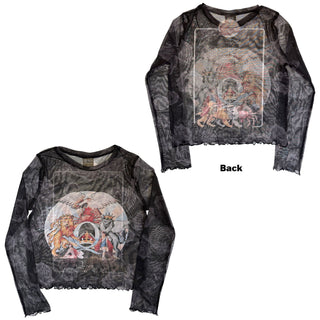 Queen Ladies Long Sleeve Mesh Crop Top: A Day At The Races (Black) (Front & Back)