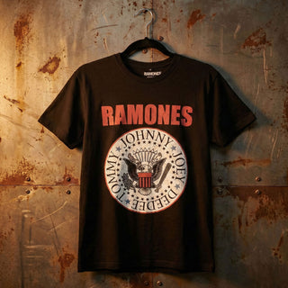 Ramones Carbon T-Shirt: Hey Ho Red Block Text (Black) (Back Print)