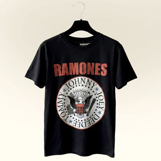 Ramones Carbon T-Shirt: Hey Ho Red Block Text (Black) (Back Print)