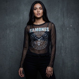 Ramones Ladies Long Sleeve Mesh Crop Top: Presidential Seal (Black)