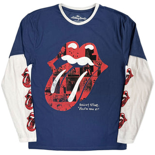 The Rolling Stones Layered Long Sleeve T-Shirt: Collage Tongue (Denim Blue & White) (Sleeve Print)
