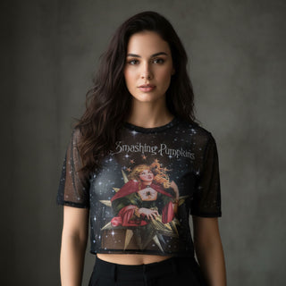 The Smashing Pumpkins Ladies Long Sleeve Mesh Crop Top: Mellon Collie (Navy)