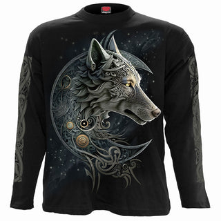 Spiral Long Sleeve T-Shirt: Celtic Wolf (Black) (Back & Sleeve Print)