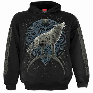 Spiral Pullover Hoodie: Celtic Wolf (Black) (Back & Sleeve Print)