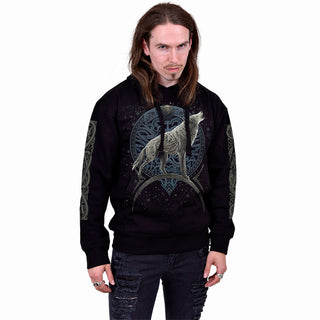 Spiral Pullover Hoodie: Celtic Wolf (Black) (Back & Sleeve Print)