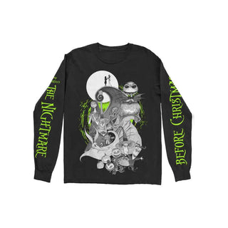 The Nightmare Before Christmas Unisex Long Sleeve T-Shirt: Characters Green Glow (Black) (Sleeve Print)