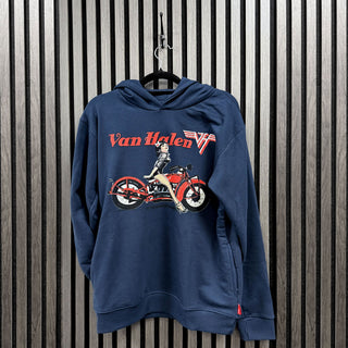 Van Halen Unplugged Pullover Hoodie: Pinup Motorcycle (Navy Blue) (Back Print)
