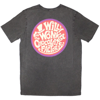Willy Wonka Unisex Stone Wash T-Shirt: Logo Emblem (Charcoal Grey) (Back Print)