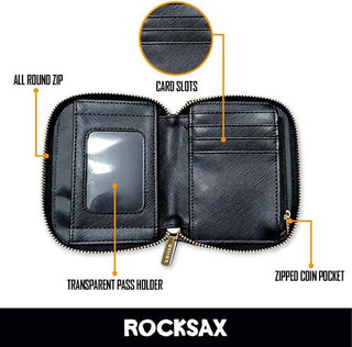 Zip-around purse interior showing card slots and note compartments